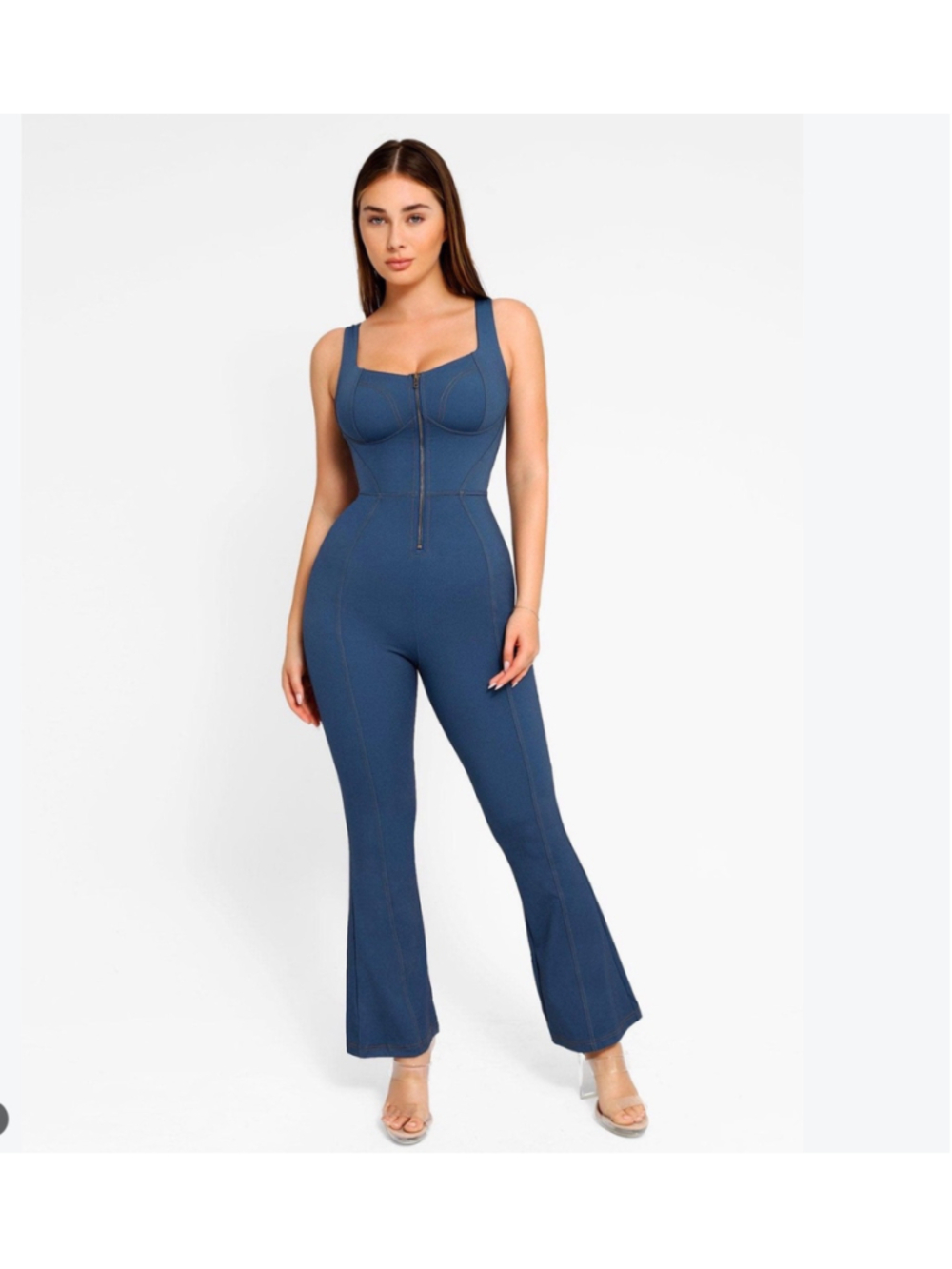 NWT Popilush Shapewear Sculpting Denim Tank Flare Leg Jumpsuit Size Medium